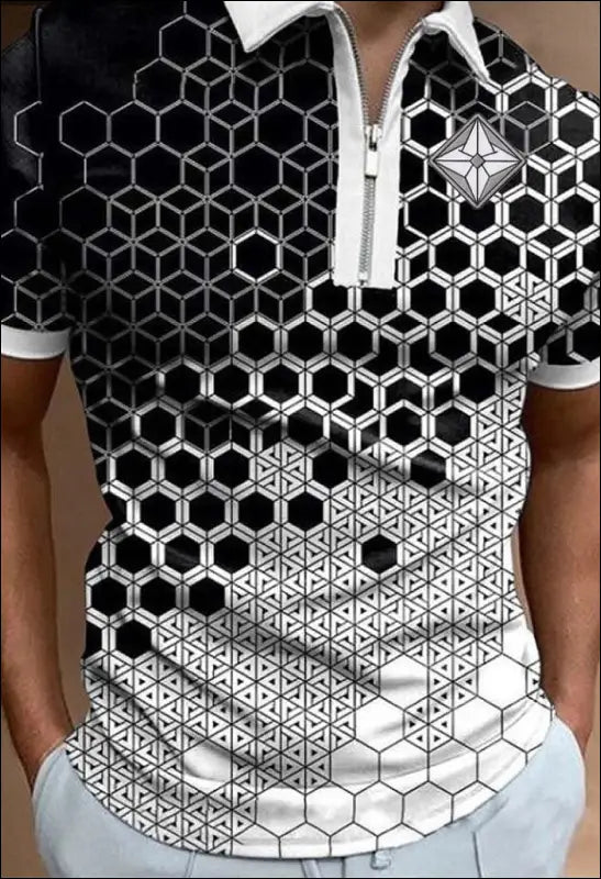 Geometric Pattern Patchwork Short Sleeve Polo Shirt e34