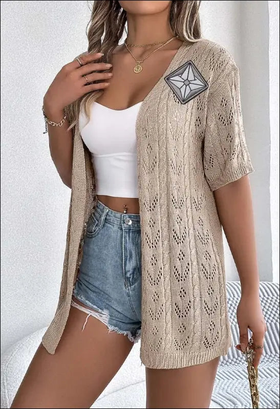 Hollow Out Cutout Short Sleeve Knitted Cardigan e98 | Emf