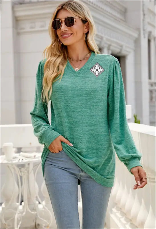 Long Puff Sleeve V - Neck Shirt e31 | Emf - Small / Green