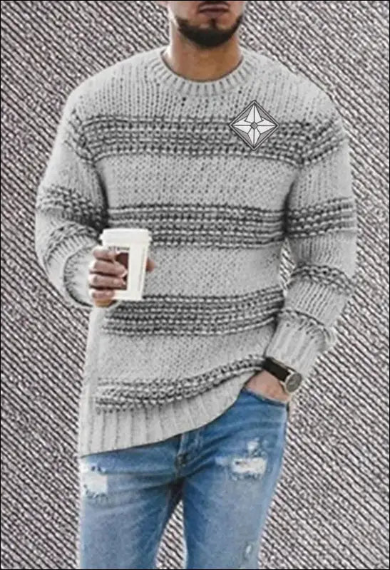 Men Fashion Round Stripe Knitted Sweater e86 | Emf - Small