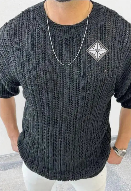 Men’s Solid Color Round Neck Hollow Short-Sleeved Knitted