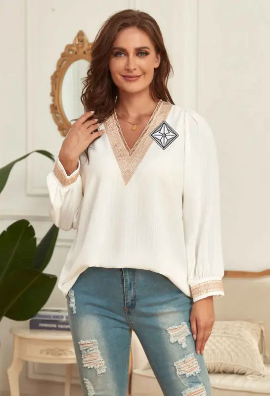 Plus Size | AuraShield | Women's | V-neck | Loose | Long Sleeve Shirt e35 | Emf Blouse + |
