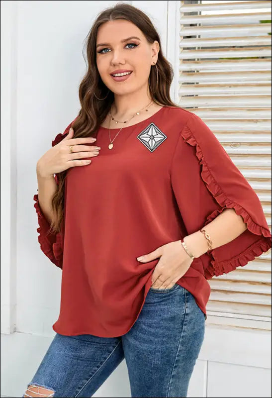 Plus Size Women Blouse Red Half-Sleeved Loose Top e36 | Emf