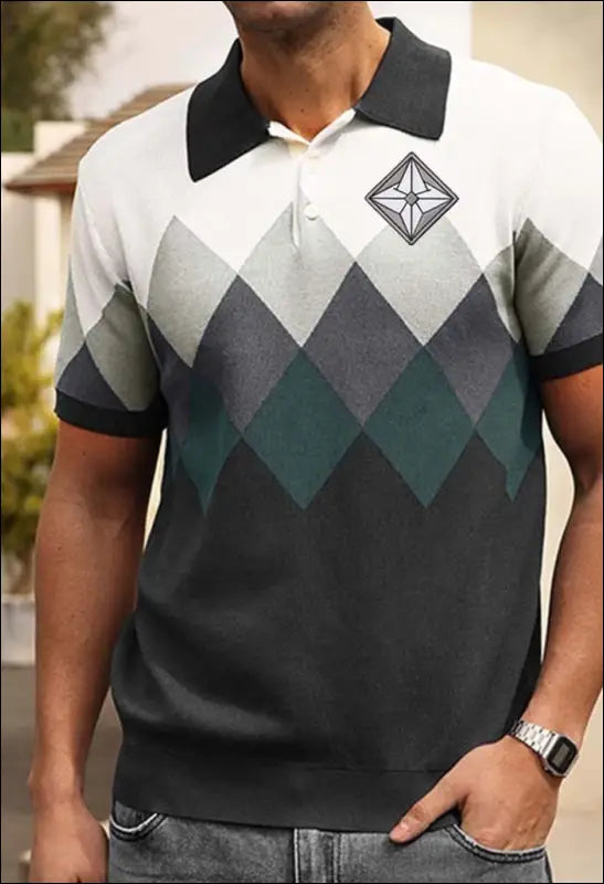 Preppy Short Sleeve Diamond Jacquard Knit Polo Shirt e44