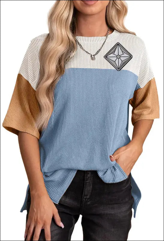 Round Neck Color Matching Short Sleeve Loose Sweater e97
