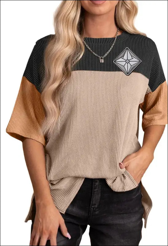 Round Neck Color Matching Short Sleeve Loose Sweater e97