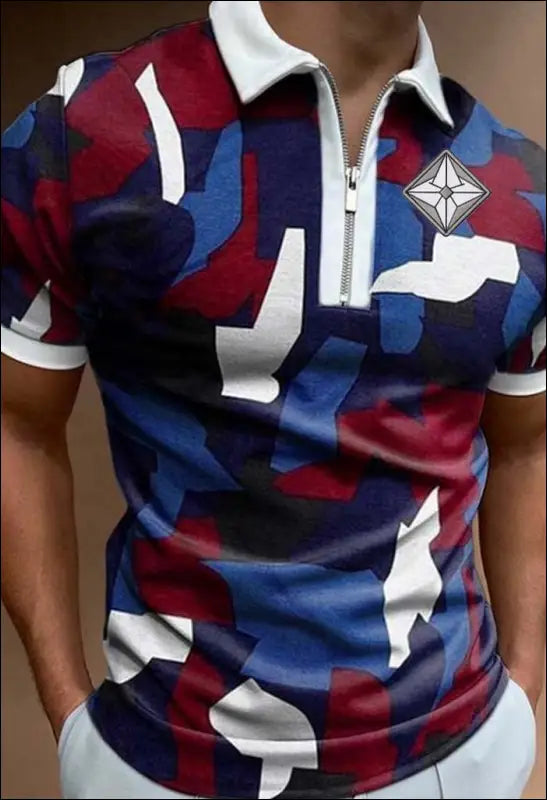 Summer Geometric Pattern Men’s Polo Shirt With Zipper e38