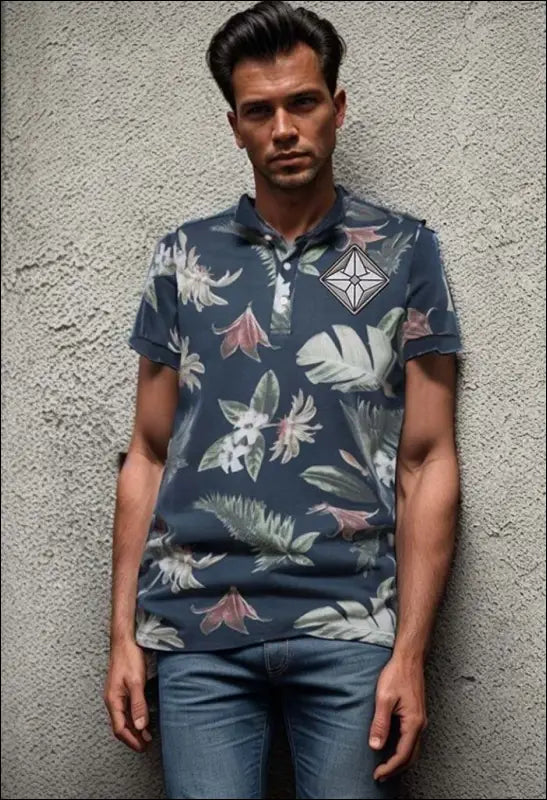 Summer Vacation Leaf Floral Printed Polo Shirt Men Short