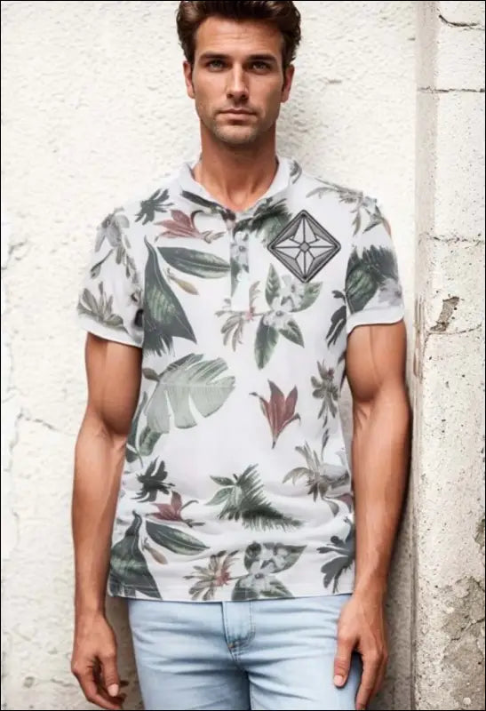 Summer Vacation Leaf Floral Printed Polo Shirt Men Short