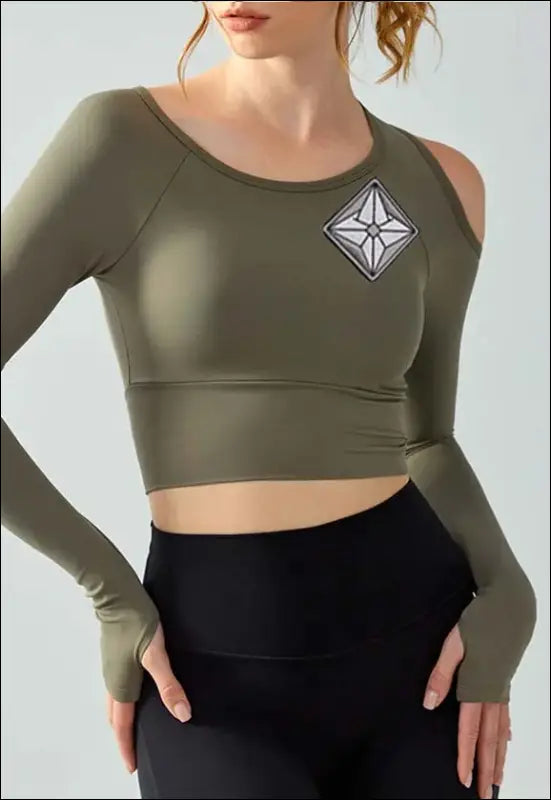 Women Yoga Solid Color Long Sleeve Shoulder Top e33 | EMF