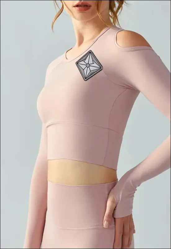 Women Yoga Solid Color Long Sleeve Shoulder Top e33 | EMF
